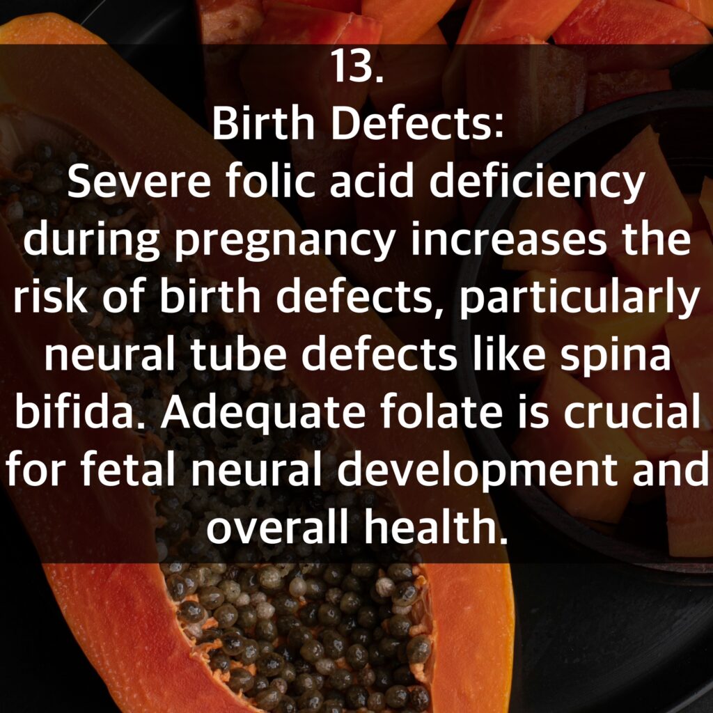 13. Birth Defects: Severe folic acid deficiency during pregnancy increases the risk of birth defects, particularly neural tube defects like spina bifida. Adequate folate is crucial for fetal neural development and overall health.