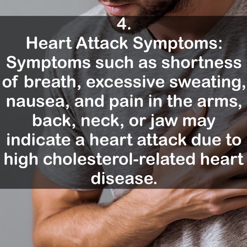 4. Heart Attack Symptoms: Symptoms such as shortness of breath, excessive sweating, nausea, and pain in the arms, back, neck, or jaw may indicate a heart attack due to high cholesterol-related heart disease.