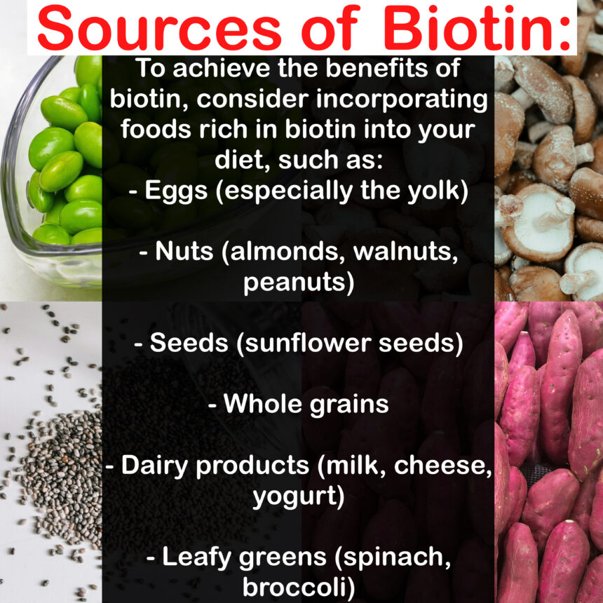 Sources of Biotin: To achieve the benefits of biotin, consider incorporating foods rich in biotin into your diet, such as: - Eggs (especially the yolk) - Nuts (almonds, walnuts, peanuts) - Seeds (sunflower seeds) - Whole grains - Dairy products (milk, cheese, yogurt) - Leafy greens (spinach, broccoli