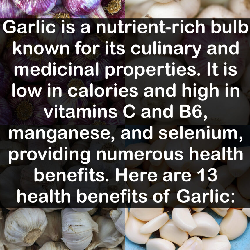 Garlic is a nutrient-rich bulb known for its culinary and medicinal properties. It is low in calories and high in vitamins C and B6, manganese, and selenium, providing numerous health benefits. Here are 13 health benefits of Garlic: