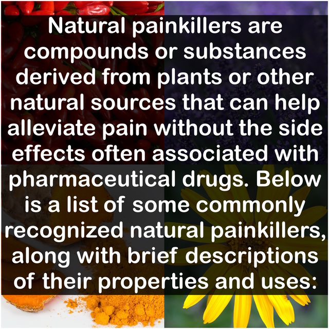 Natural painkillers are compounds or substances derived from plants or other natural sources that can help alleviate pain without the side effects often associated with pharmaceutical drugs. Below is a list of some commonly recognized natural painkillers, along with brief descriptions of their properties and uses: