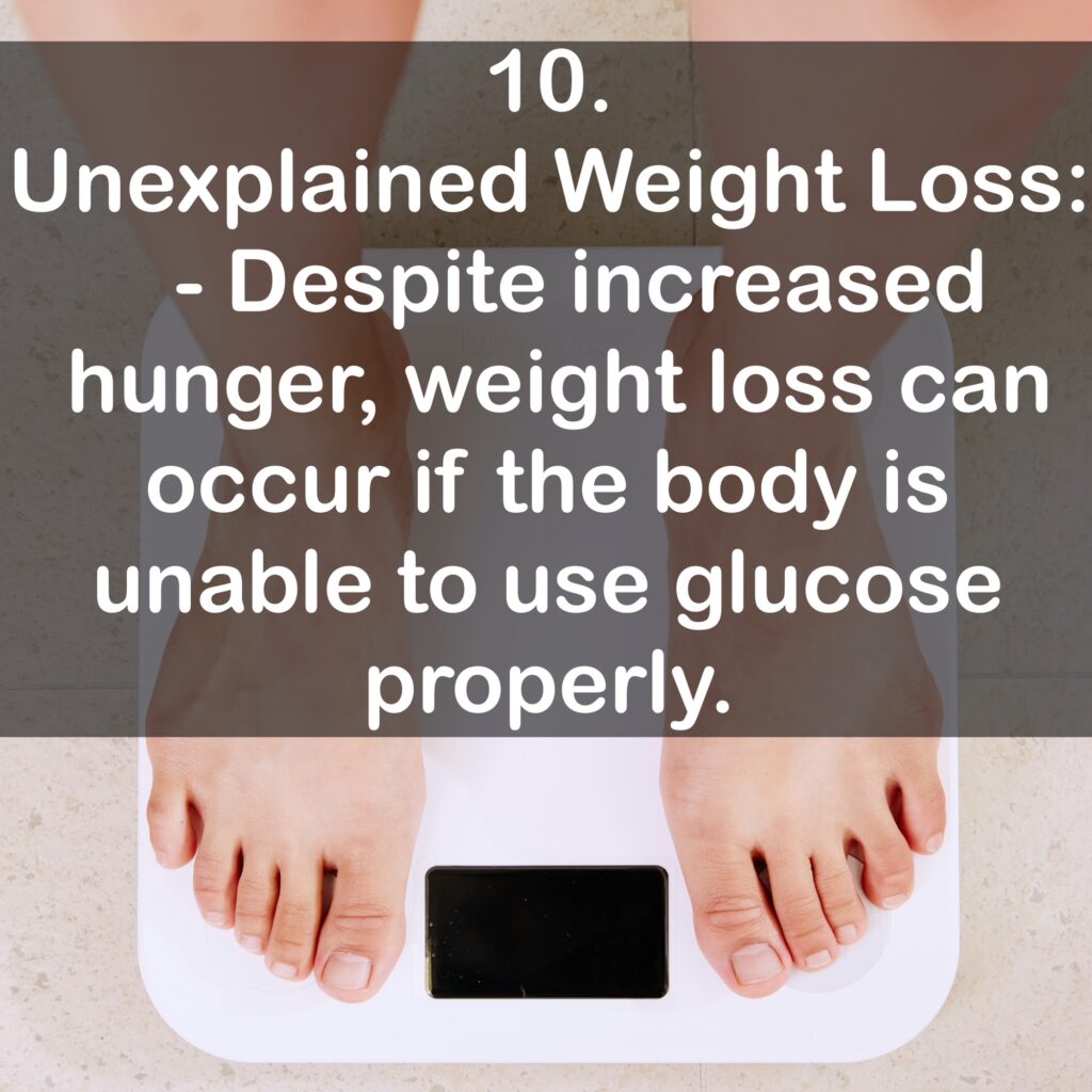 10. Unexplained Weight Loss: - Despite increased hunger, weight loss can occur if the body is unable to use glucose properly.