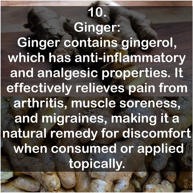 10. : Ginger contains gingerol, which has anti-inflammatory and analgesic properties. It effectively relieves pain from arthritis, muscle soreness, and migraines, making it a natural remedy for discomfort when consumed or applied topically.