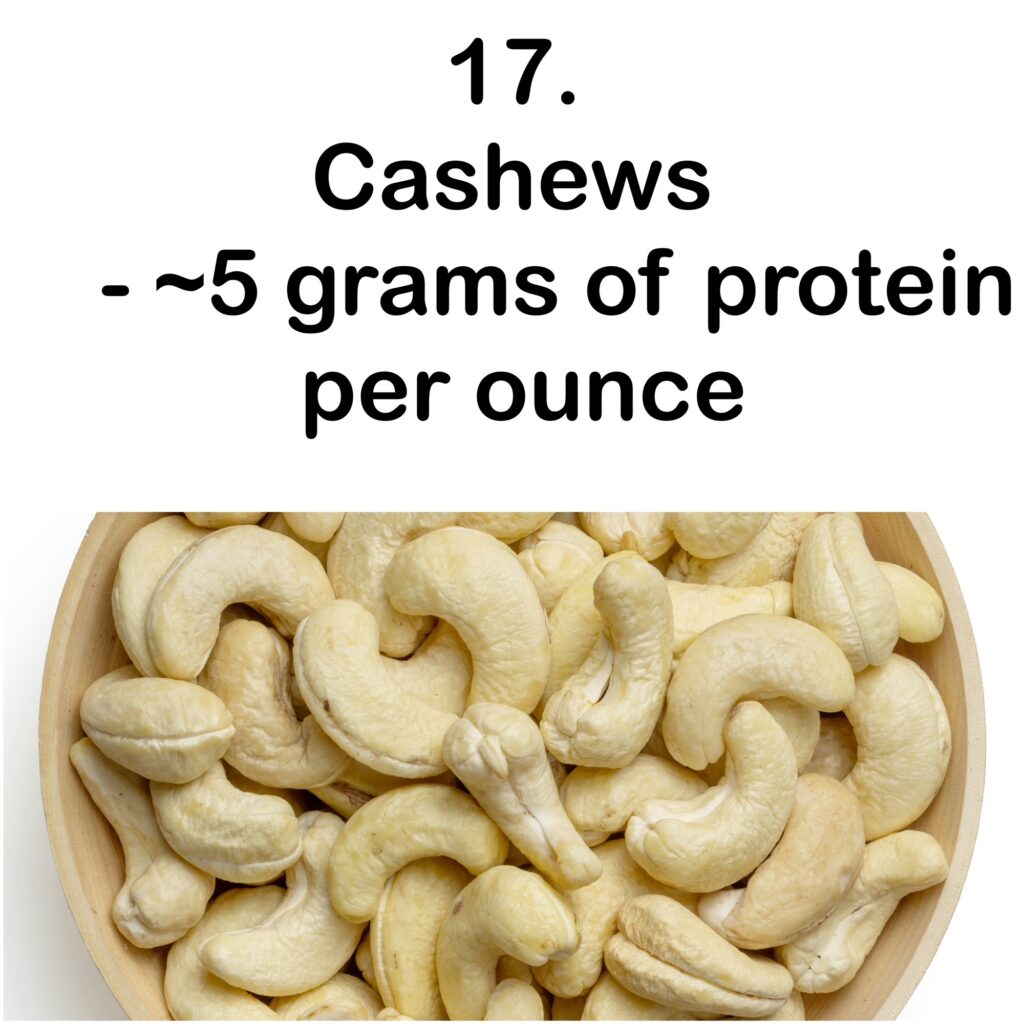 17. Cashews -~5 grams of protein per ounce