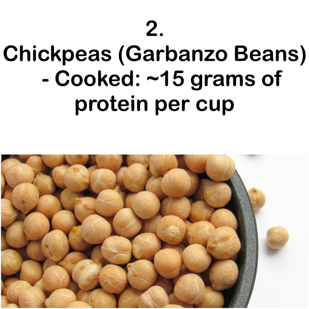 2. Chickpeas (Garbanzo Beans) - Cooked: ~15 grams of protein per cup