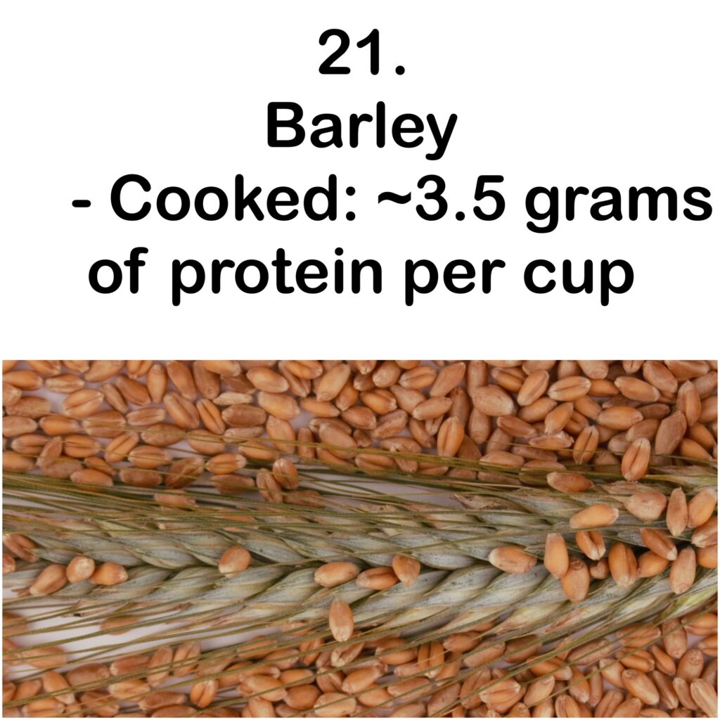 21. Barley - Cooked: ~3.5 grams of protein per cup