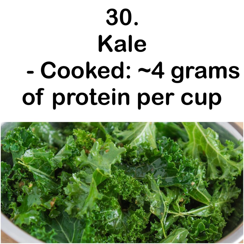 30. Kale - Cooked: ~4 grams of protein per cup