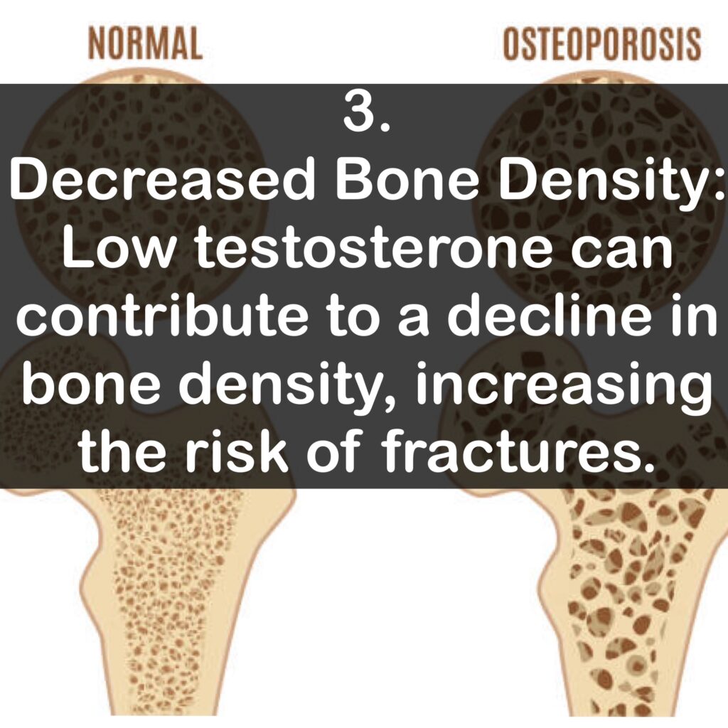 3. Decreased Bone Density: Low testosterone can contribute to a decline in bone density, increasing the risk of fractures.