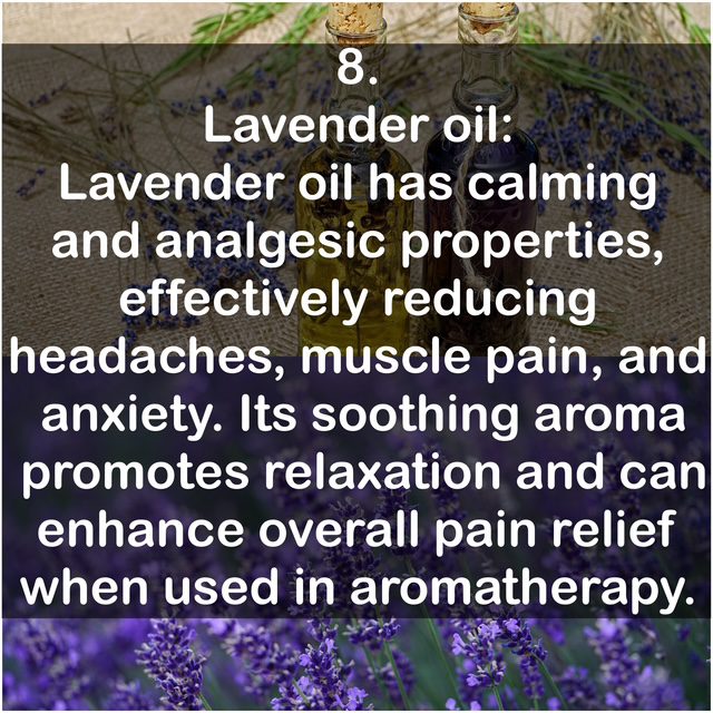 8. Lavender oil: Lavender oil has calming and analgesic properties, effectively reducing headaches, muscle pain, and anxiety. Its soothing aroma promotes relaxation and can enhance overall pain relief when used in aromatherapy.