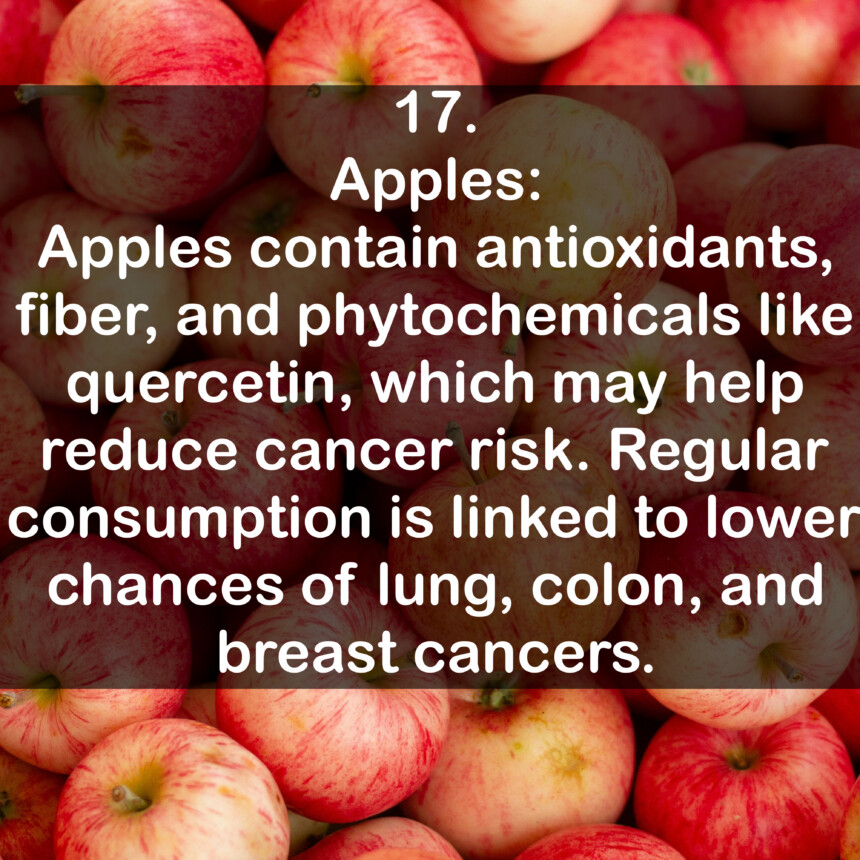 17. Apples: Apples contain antioxidants, fiber, and phytochemicals like quercetin, which may help reduce cancer risk. Regular consumption is linked to lower chances of lung, colon, and breast cancers.