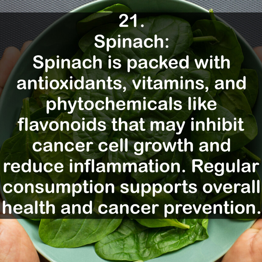 21. Spinach: Spinach is packed with antioxidants, vitamins, and phytochemicals like flavonoids that may inhibit cancer cell growth and reduce inflammation. Regular consumption supports overall health and cancer prevention.