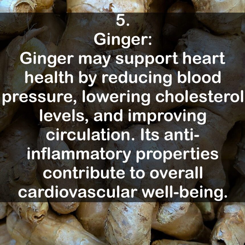 5. Ginger: Ginger may support heart health by reducing blood pressure, lowering cholesterol levels, and improving circulation. Its anti-inflammatory properties contribute to overall cardiovascular well-being.