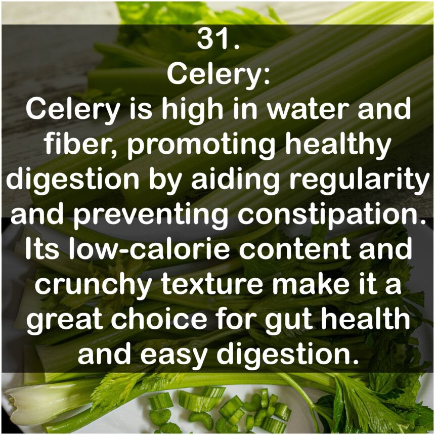 31. Celery: Celery is high in water and fiber, promoting healthy digestion by aiding regularity and preventing constipation. Its low-calorie content and crunchy texture make it a great choice for gut health and easy digestion.