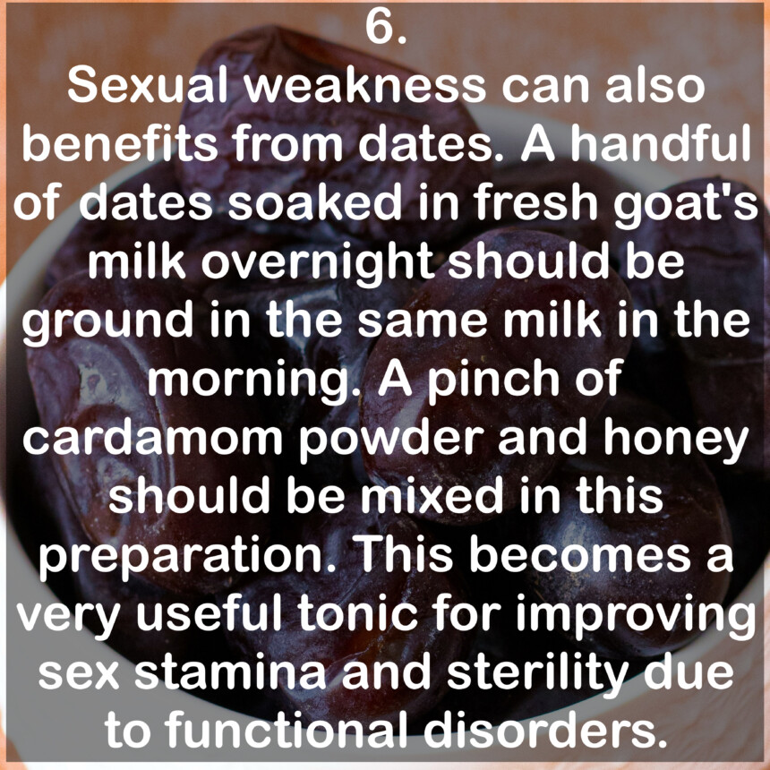 6. Sexual weakness can also benefits from dates. A handful of dates soaked in fresh goat's milk overnight should be ground in the same milk in the morning. A pinch of cardamom powder and honey should be mixed in this preparation. This becomes a very useful tonic for improving sex stamina and sterility due to functional disorders.