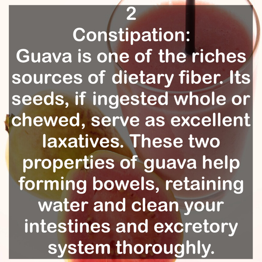 2 Constipation: Guava is one of the riches sources of dietary fiber. Its seeds, if ingested whole or chewed, serve as excellent laxatives. These two properties of guava help forming bowels, retaining water and clean your intestines and excretory system thoroughly.