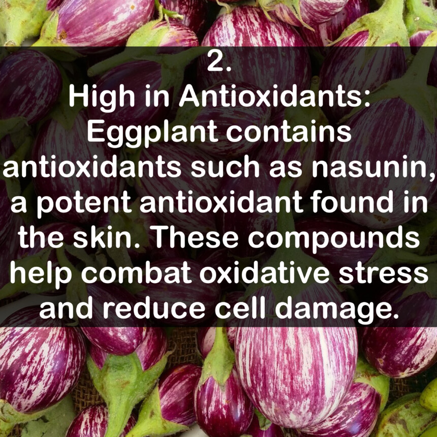 2. High in Antioxidants: Eggplant contains antioxidants such as nasunin, a potent antioxidant found in the skin. These compounds help combat oxidative stress and reduce cell damage.