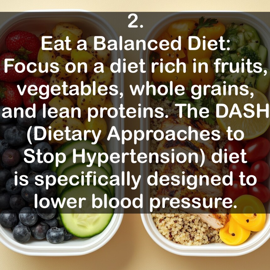 2. Eat a Balanced Diet: Focus on a diet rich in fruits, vegetables, whole grains, and lean proteins. The DASH (Dietary Approaches to Stop Hypertension) diet is specifically designed to lower blood pressure.