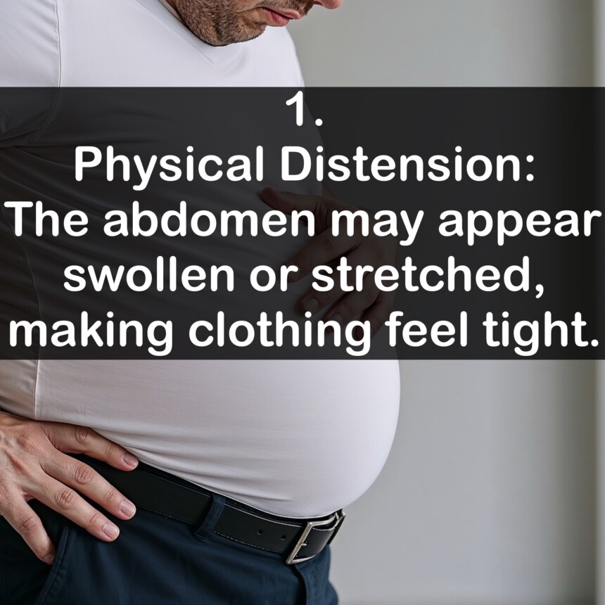 1. Physical Distension: The abdomen may appear swollen or stretched, making clothing feel tight.