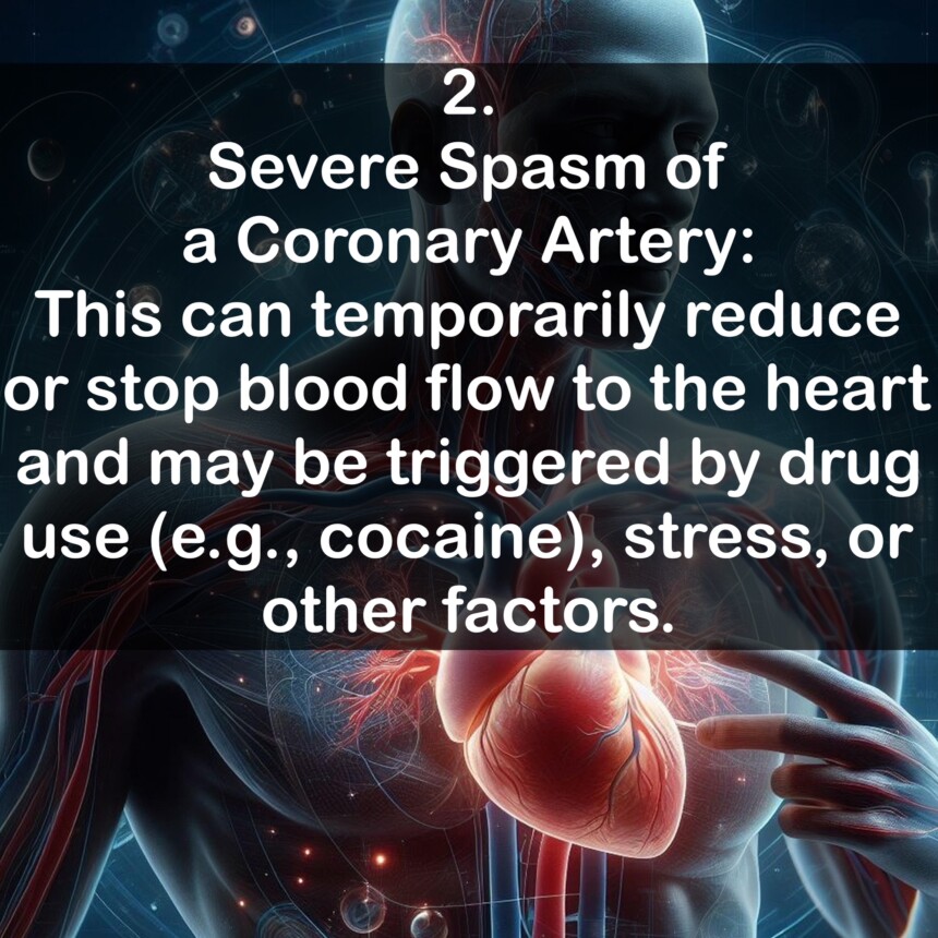 2. Severe Spasm of a Coronary Artery: This can temporarily reduce or stop blood flow to the heart and may be triggered by drug use (e.g., cocaine), stress, or other factors.