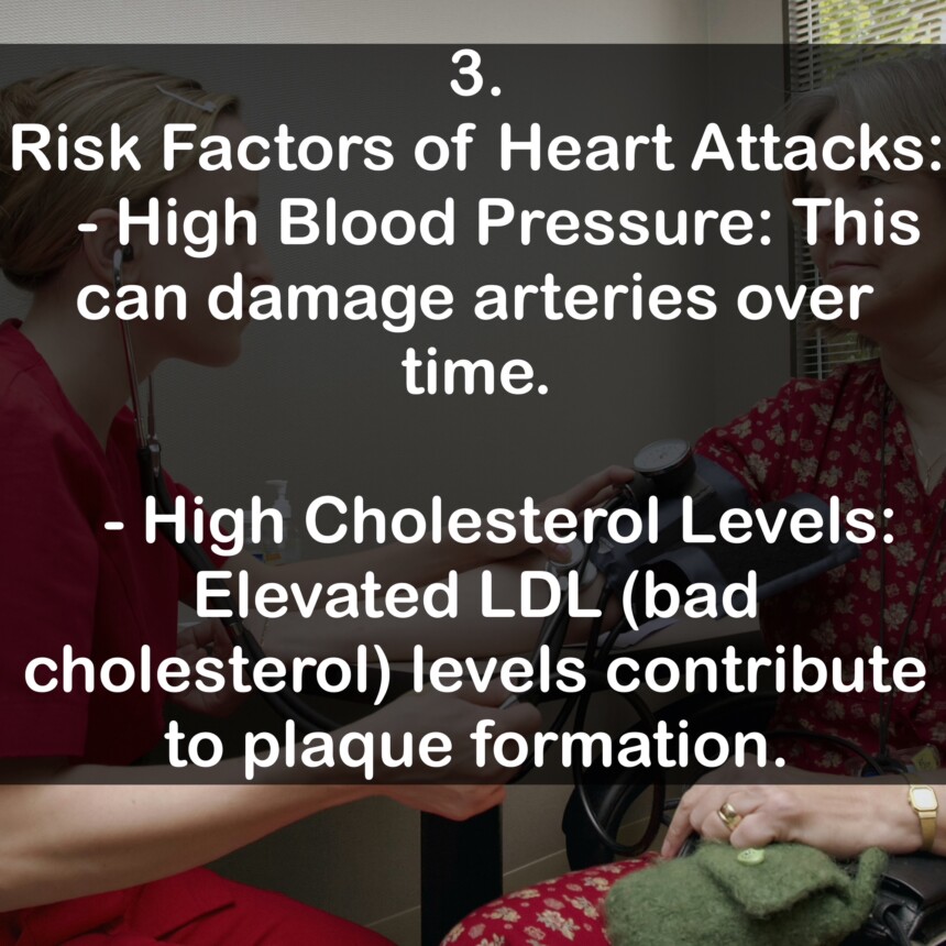 3. Risk Factors of Heart Attacks: - High Blood Pressure: This can damage arteries over time. - High Cholesterol Levels: Elevated LDL (bad cholesterol) levels contribute to plaque formation.