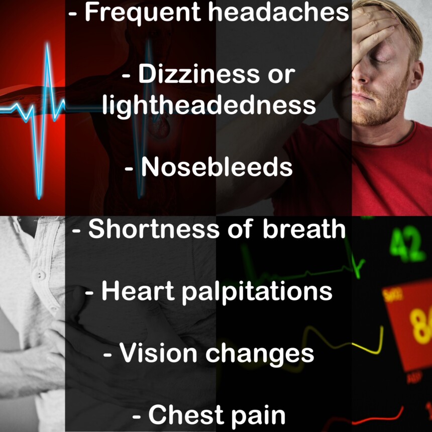 - Frequent headaches - Dizziness or lightheadedness - Nosebleeds - Shortness of breath - Heart palpitations - Vision changes - Chest pain