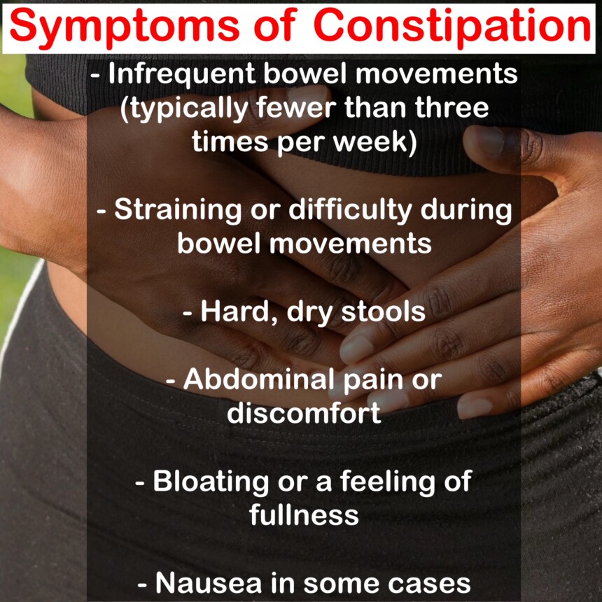 Symptoms of Constipation - Infrequent bowel movements (typically fewer than three times per week) - Straining or difficulty during bowel movements - Hard, dry stools - Abdominal pain or discomfort - Bloating or a feeling of fullness - Nausea in some cases