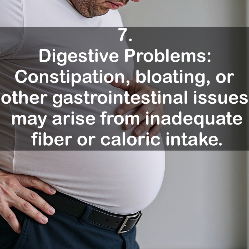 7. Digestive Problems: Constipation, bloating, or other gastrointestinal issues may arise from inadequate fiber or caloric intake.