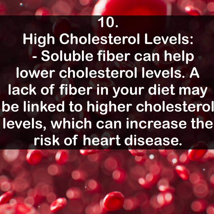 10. High Cholesterol Levels: - Soluble fiber can help lower cholesterol levels. A lack of fiber in your diet may be linked to higher cholesterol levels, which can increase the risk of heart disease.