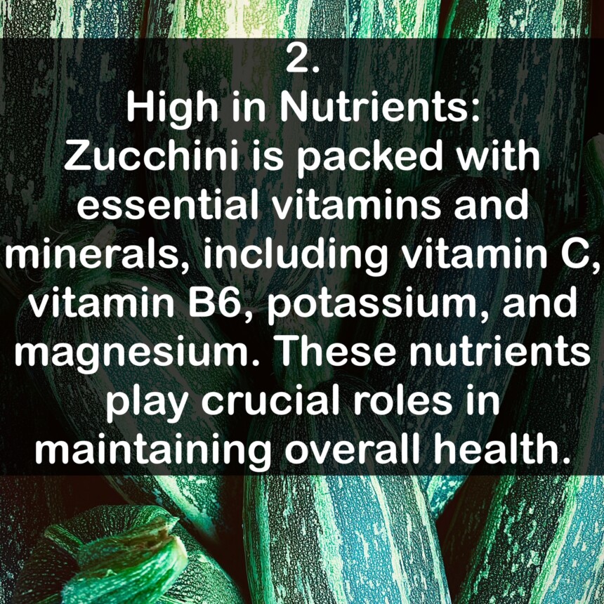 2. High in Nutrients: Zucchini is packed with essential vitamins and minerals, including vitamin C, vitamin B6, potassium, and magnesium. These nutrients play crucial roles in maintaining overall health.