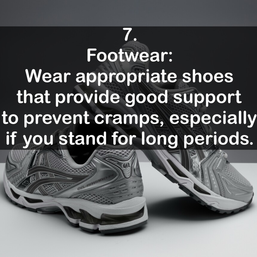 7. Footwear: Wear appropriate shoes that provide good support to prevent cramps, especially if you stand for long periods.