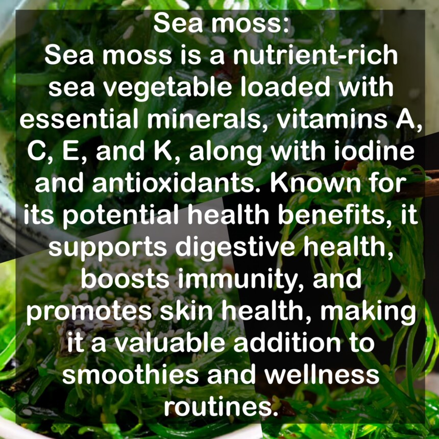 Sea moss is a nutrient-rich sea vegetable loaded with essential minerals, vitamins A, C, E, and K, along with iodine and antioxidants. Known for its potential health benefits, it supports digestive health, boosts immunity, and promotes skin health, making it a valuable addition to smoothies and wellness routines.