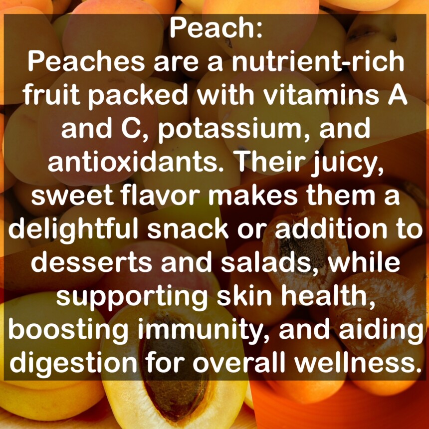 Peaches are a nutrient-rich fruit packed with vitamins A and C, potassium, and antioxidants. Their juicy, sweet flavor makes them a delightful snack or addition to desserts and salads, while supporting skin health, boosting immunity, and aiding digestion for overall wellness.