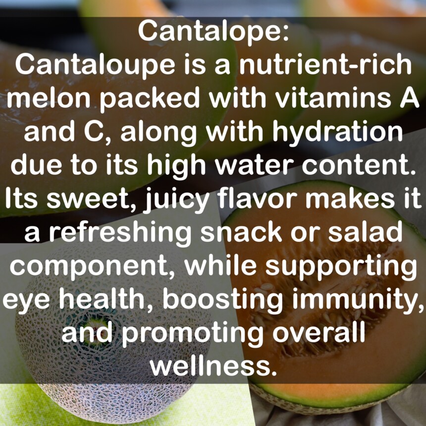 Cantaloupe is a nutrient-rich melon packed with vitamins A and C, along with hydration due to its high water content. Its sweet, juicy flavor makes it a refreshing snack or salad component, while supporting eye health, boosting immunity, and promoting overall wellness.