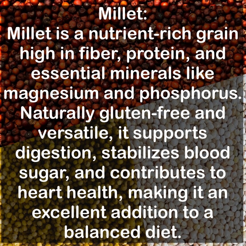 Millet is a nutrient-rich grain high in fiber, protein, and essential minerals like magnesium and phosphorus. Naturally gluten-free and versatile, it supports digestion, stabilizes blood sugar, and contributes to heart health, making it an excellent addition to a balanced diet.