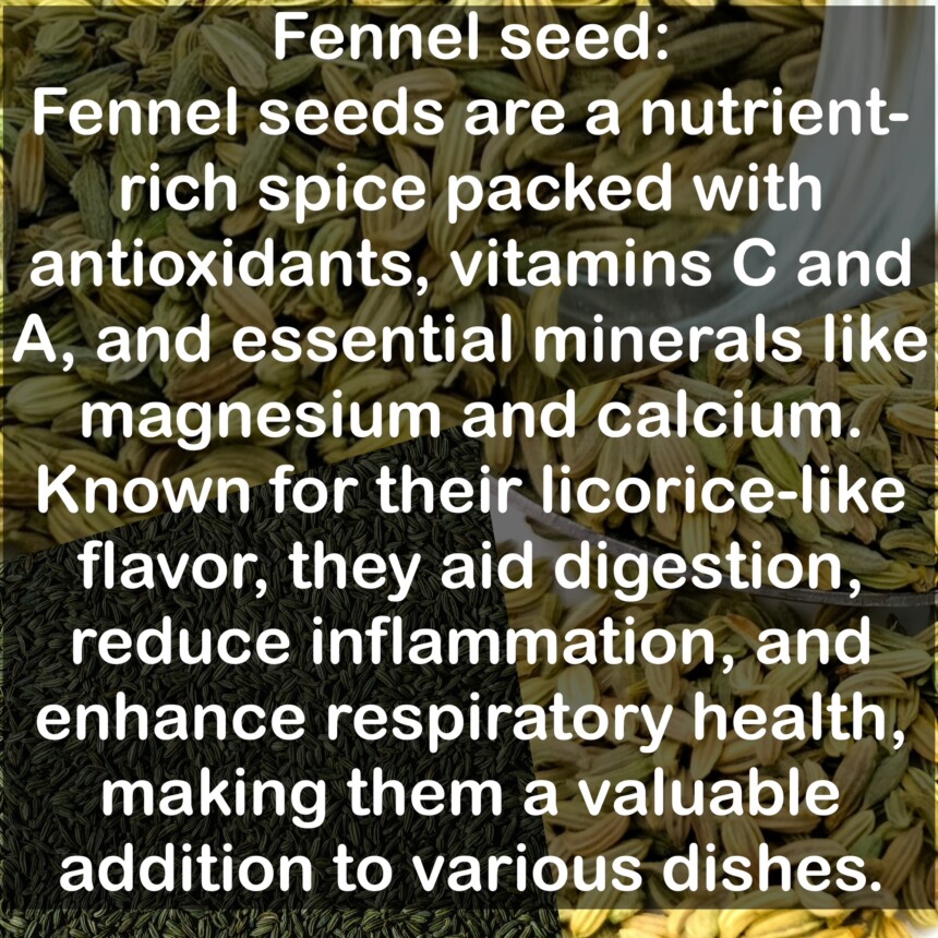 Fennel seeds are a nutrient-rich spice packed with antioxidants, vitamins C and A, and essential minerals like magnesium and calcium. Known for their licorice-like flavor, they aid digestion, reduce inflammation, and enhance respiratory health, making them a valuable addition to various dishes.
